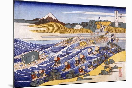 Fuji from the Ford at Kanaya (Colour Woodblock Print)-Katsushika Hokusai-Mounted Giclee Print