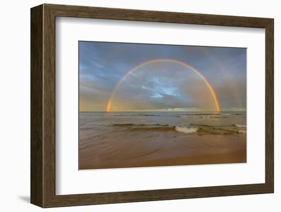 Full Arcing Rainbow over Lake Michigan and Ludington Lighthouse in Ludington, Michigan, Usa-Chuck Haney-Framed Photographic Print