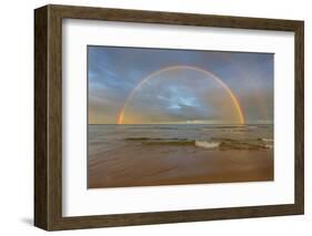 Full Arcing Rainbow over Lake Michigan and Ludington Lighthouse in Ludington, Michigan, Usa-Chuck Haney-Framed Photographic Print