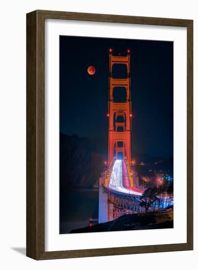 Full blood red moon rising over the Golden Gate Bridge in San Francisco, view from Battery Cranston-David Chang-Framed Photographic Print