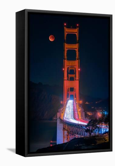 Full blood red moon rising over the Golden Gate Bridge in San Francisco, view from Battery Cranston-David Chang-Framed Stretched Canvas