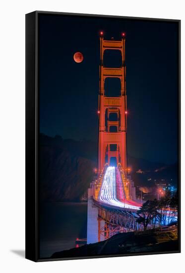 Full blood red moon rising over the Golden Gate Bridge in San Francisco, view from Battery Cranston-David Chang-Framed Stretched Canvas