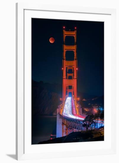 Full blood red moon rising over the Golden Gate Bridge in San Francisco, view from Battery Cranston-David Chang-Framed Photographic Print