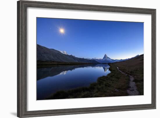 Full Moon and Matterhorn Illuminated for the 150th Anniversary of the First Ascent, Swiss Alps-Roberto Moiola-Framed Photographic Print