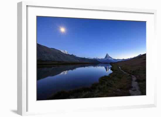 Full Moon and Matterhorn Illuminated for the 150th Anniversary of the First Ascent, Swiss Alps-Roberto Moiola-Framed Photographic Print