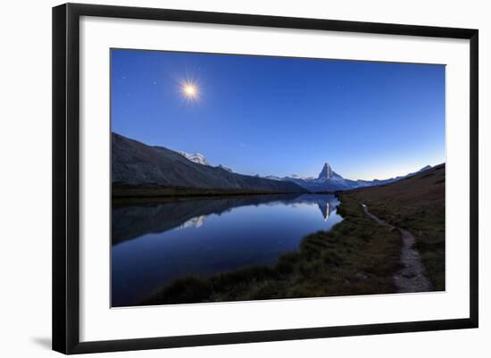 Full Moon and Matterhorn Illuminated for the 150th Anniversary of the First Ascent, Swiss Alps-Roberto Moiola-Framed Photographic Print