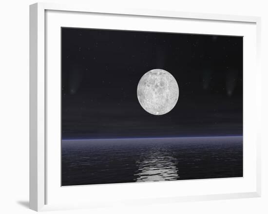 Full Moon on a Dark Night with Stars and Comets over the Ocean-null-Framed Art Print