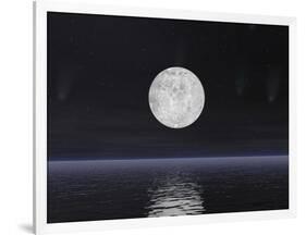 Full Moon on a Dark Night with Stars and Comets over the Ocean-null-Framed Art Print