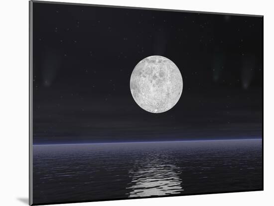 Full Moon on a Dark Night with Stars and Comets over the Ocean-null-Mounted Art Print
