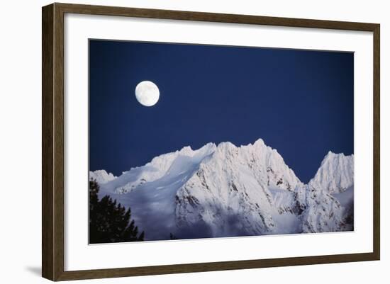 Full Moon over Snowcapped Mountain, North Cascades, Washington State, USA-Peter Skinner-Framed Photographic Print