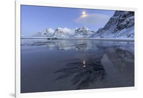 Full Moon Reflected in the Icy Sea around the Surreal Skagsanden Beach, Flakstad, Nordland County-Roberto Moiola-Framed Photographic Print