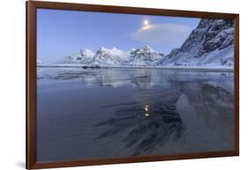 Full Moon Reflected in the Icy Sea around the Surreal Skagsanden Beach, Flakstad, Nordland County-Roberto Moiola-Framed Photographic Print