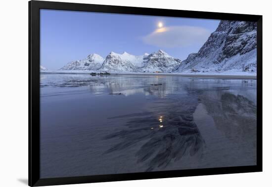 Full Moon Reflected in the Icy Sea around the Surreal Skagsanden Beach, Flakstad, Nordland County-Roberto Moiola-Framed Photographic Print