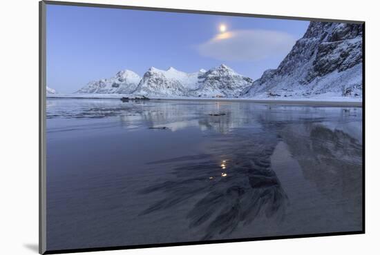 Full Moon Reflected in the Icy Sea around the Surreal Skagsanden Beach, Flakstad, Nordland County-Roberto Moiola-Mounted Photographic Print