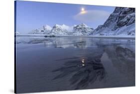 Full Moon Reflected in the Icy Sea around the Surreal Skagsanden Beach, Flakstad, Nordland County-Roberto Moiola-Stretched Canvas