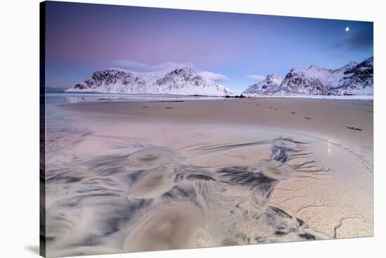 Full Moon Reflected on Sand in the Surreal Scenery of Skagsanden Beach, Flakstad, Nordland County-Roberto Moiola-Stretched Canvas