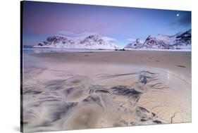 Full Moon Reflected on Sand in the Surreal Scenery of Skagsanden Beach, Flakstad, Nordland County-Roberto Moiola-Stretched Canvas