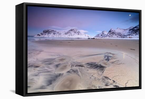 Full Moon Reflected on Sand in the Surreal Scenery of Skagsanden Beach, Flakstad, Nordland County-Roberto Moiola-Framed Stretched Canvas