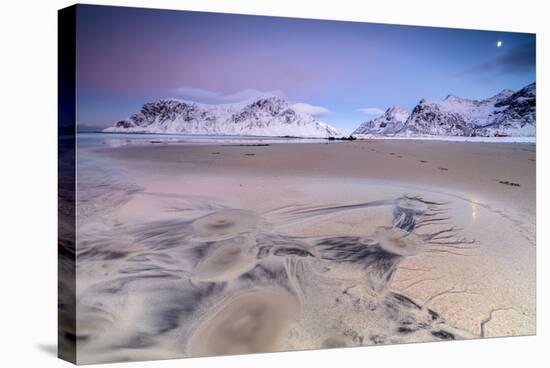 Full Moon Reflected on Sand in the Surreal Scenery of Skagsanden Beach, Flakstad, Nordland County-Roberto Moiola-Stretched Canvas