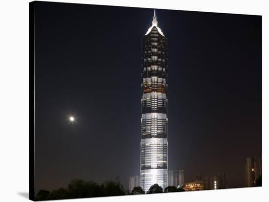 Full Moon Rises Behind Jin Mao Tower in Pudong Economic Zone, Shanghai, China-Paul Souders-Stretched Canvas