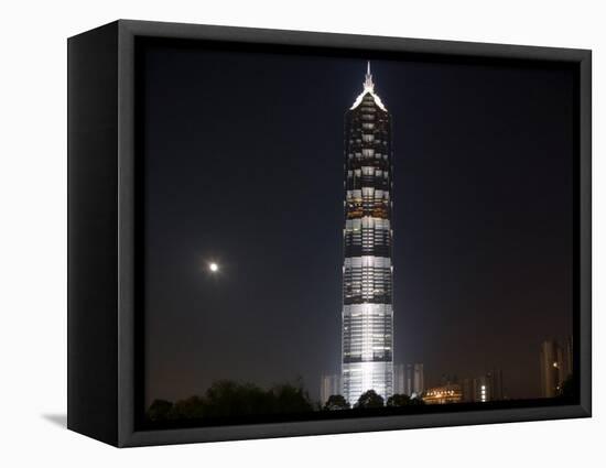 Full Moon Rises Behind Jin Mao Tower in Pudong Economic Zone, Shanghai, China-Paul Souders-Framed Stretched Canvas