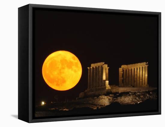 Full Moon Rises Behind the Ancient Temple of Posseidon, in Sounio-null-Framed Stretched Canvas