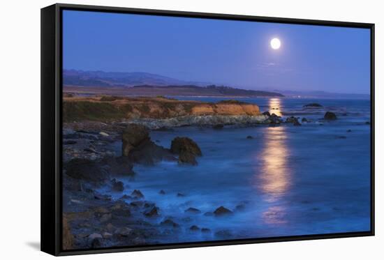 Full moon rising over Piedras Blancas elephant seal rookery, San Simeon, California, USA-Russ Bishop-Framed Stretched Canvas