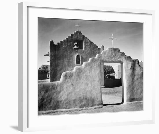 Full side view of entrance with gate to the right, Church, Taos Pueblo National Historic Landmark, -Ansel Adams-Framed Art Print