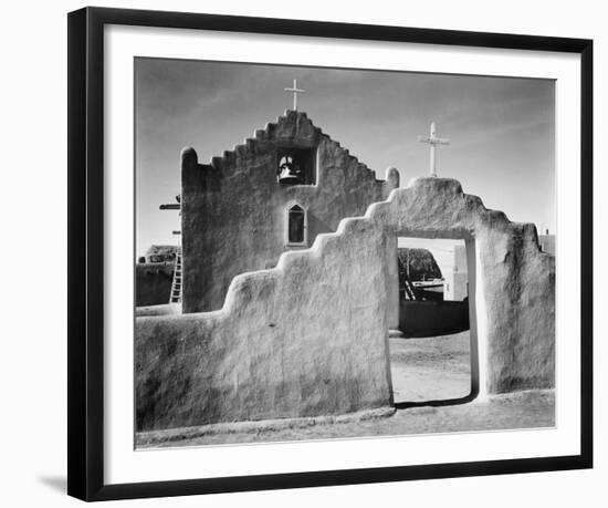 Full side view of entrance with gate to the right, Church, Taos Pueblo National Historic Landmark, -Ansel Adams-Framed Art Print