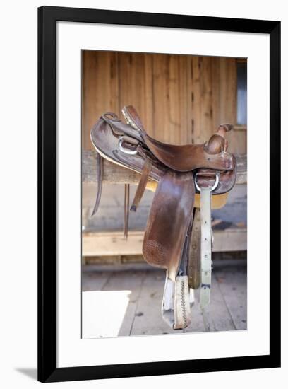 Full view of a Saddle resting on the railing, Tucson, Arizona, USA.-Julien McRoberts-Framed Premium Photographic Print