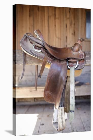 Full view of a Saddle resting on the railing, Tucson, Arizona, USA.-Julien McRoberts-Stretched Canvas