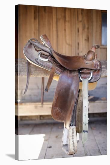 Full view of a Saddle resting on the railing, Tucson, Arizona, USA.-Julien McRoberts-Stretched Canvas