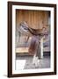 Full view of a Saddle resting on the railing, Tucson, Arizona, USA.-Julien McRoberts-Framed Photographic Print