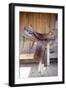 Full view of a Saddle resting on the railing, Tucson, Arizona, USA.-Julien McRoberts-Framed Photographic Print