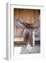 Full view of a Saddle resting on the railing, Tucson, Arizona, USA.-Julien McRoberts-Framed Photographic Print