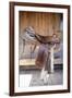 Full view of a Saddle resting on the railing, Tucson, Arizona, USA.-Julien McRoberts-Framed Photographic Print