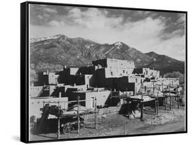 Full View Of City Mountains In Bkgd "Taos Pueblo National Historic Landmark New Mexico 1941"-Ansel Adams-Framed Stretched Canvas