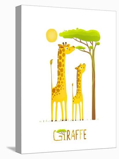 Fun Cartoon African Giraffe Animals Eating Foliage. Brightly Colored Giraffe Child and Mom. Raster-Popmarleo-Stretched Canvas