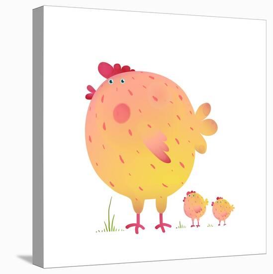 Fun Colorful Mother Chicken Bird and Babies Background. Bright and Cute Hen Family Illustration For-Popmarleo-Stretched Canvas