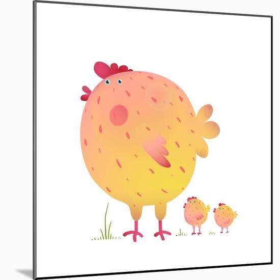 Fun Colorful Mother Chicken Bird and Babies Background. Bright and Cute Hen Family Illustration For-Popmarleo-Mounted Art Print