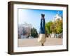 Fun Man Dancing. Has Yellow T-Shirt, Blue Jeans, Gray Shoes Sneakers, Slim Sport Body. Motion on Gr-ERainbow-Framed Photographic Print