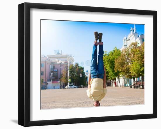 Fun Man Dancing. Has Yellow T-Shirt, Blue Jeans, Gray Shoes Sneakers, Slim Sport Body. Motion on Gr-ERainbow-Framed Photographic Print