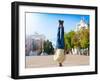 Fun Man Dancing. Has Yellow T-Shirt, Blue Jeans, Gray Shoes Sneakers, Slim Sport Body. Motion on Gr-ERainbow-Framed Photographic Print