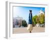 Fun Man Dancing. Has Yellow T-Shirt, Blue Jeans, Gray Shoes Sneakers, Slim Sport Body. Motion on Gr-ERainbow-Framed Photographic Print