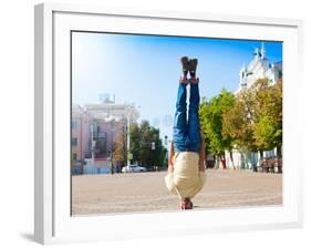 Fun Man Dancing. Has Yellow T-Shirt, Blue Jeans, Gray Shoes Sneakers, Slim Sport Body. Motion on Gr-ERainbow-Framed Photographic Print