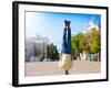 Fun Man Dancing. Has Yellow T-Shirt, Blue Jeans, Gray Shoes Sneakers, Slim Sport Body. Motion on Gr-ERainbow-Framed Photographic Print