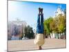 Fun Man Dancing. Has Yellow T-Shirt, Blue Jeans, Gray Shoes Sneakers, Slim Sport Body. Motion on Gr-ERainbow-Mounted Photographic Print