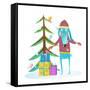 Fun Winter Holiday Rabbit for Kids with Fur Tree and Presents. Merry Christmas or Happy New Year Se-Popmarleo-Framed Stretched Canvas