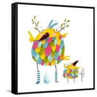 Funny Bird Family Mother and Nestling Egg Kid. Funny Bird Family Mother and Nestling. Bird Parent F-Popmarleo-Framed Stretched Canvas