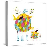 Funny Bird Family Mother and Nestling Egg Kid. Funny Bird Family Mother and Nestling. Bird Parent F-Popmarleo-Stretched Canvas